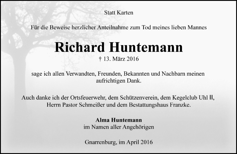  Traueranzeige für Richard Huntemann vom 23.04.2016 aus Trauer.de