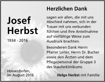 Todesanzeige von Josef Herbst von Trauer.de