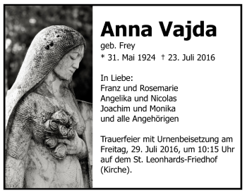 Todesanzeige von Anna Vajda von Trauer.de 