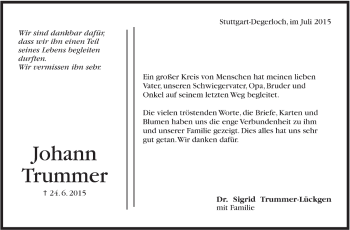 Todesanzeige von Johann Trummer von Trauer.de