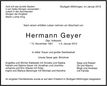 Todesanzeige von Hermann Geyer von Trauer.de