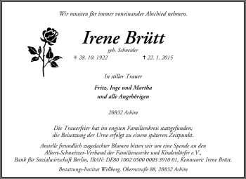 Todesanzeige von Irene Brütt von Trauer.de