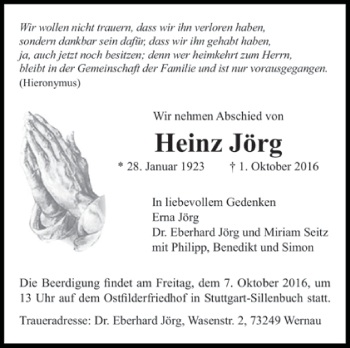 Todesanzeige von Heinz Jörg von Trauer.de