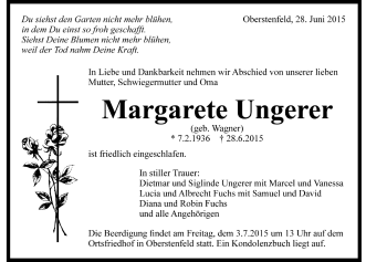 Todesanzeige von Margarete Ungerer von Trauer.de