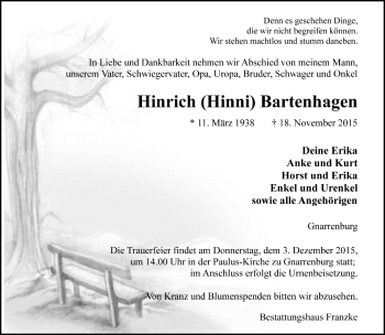 Todesanzeige von Hinrich  Bartenhagen von Trauer.de
