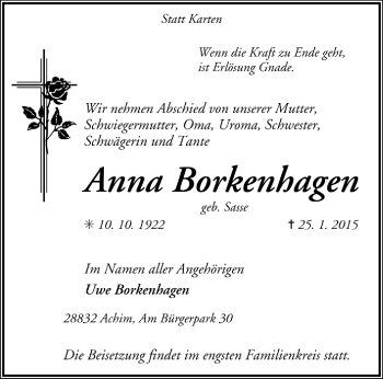 Todesanzeige von Anna Borkenhagen von Trauer.de