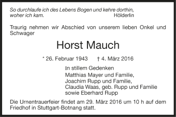 Todesanzeige von Horst Mauch von Trauer.de