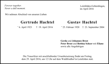 Todesanzeige von Gertrude Hachtel von Trauer.de