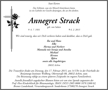 Todesanzeige von Annegret Strack von Trauer.de
