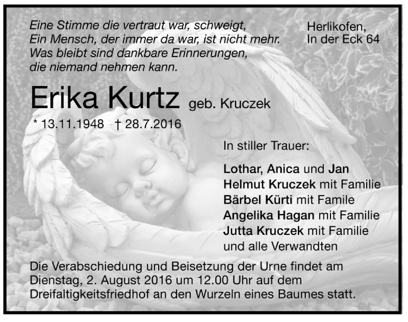  Traueranzeige für Erika Kurtz vom 30.07.2016 aus Trauer.de 