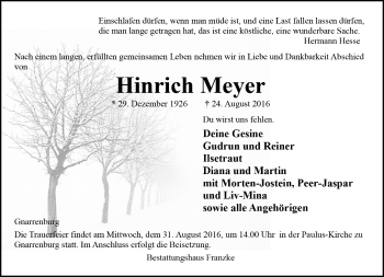 Todesanzeige von Hinrich Meyer von Trauer.de