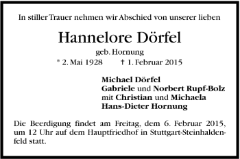Todesanzeige von Hannelore Dörfel von Trauer.de
