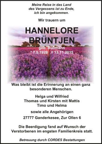 Todesanzeige von Hannelore Brüntjen von Trauer.de
