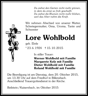 Todesanzeige von Lore Wohlbold von Trauer.de