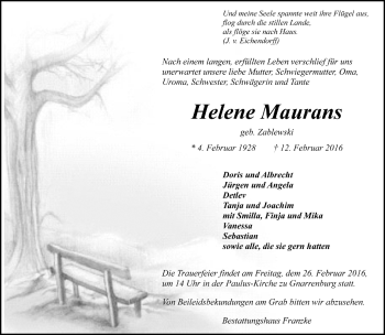 Todesanzeige von Helene Maurans von Trauer.de