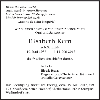Todesanzeige von Elisabeth Kern von Trauer.de