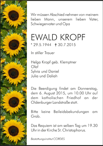 Todesanzeige von Ewald Kropf von Trauer.de