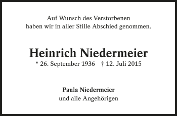 Todesanzeige von Heinrich Niedermeier von Trauer.de