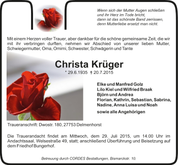 Todesanzeige von Christa Krüger von Trauer.de