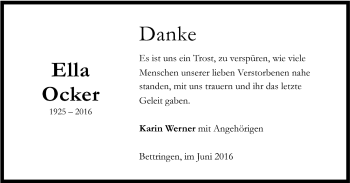 Todesanzeige von Ella Ocker von Trauer.de