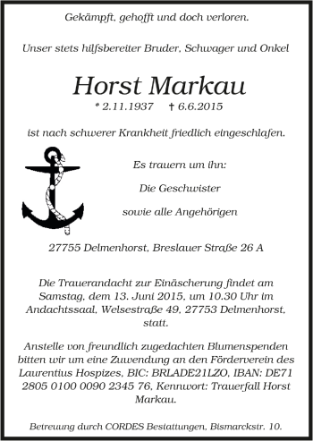 Todesanzeige von Horst Markau von Trauer.de