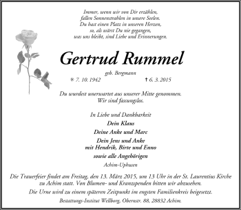 Todesanzeige von Gertrud Rummel von Trauer.de