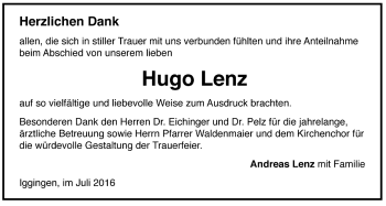 Todesanzeige von Hugo Lenz von Trauer.de