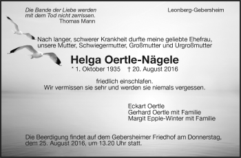 Todesanzeige von Helga Oertle - Nägele von Trauer.de