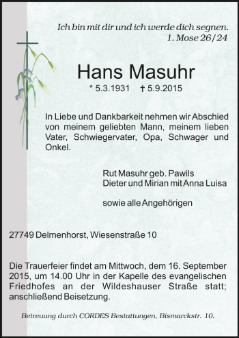 Todesanzeige von Hans Masuhr von Trauer.de