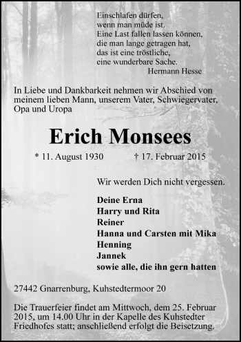 Todesanzeige von Erich Monsees von Trauer.de