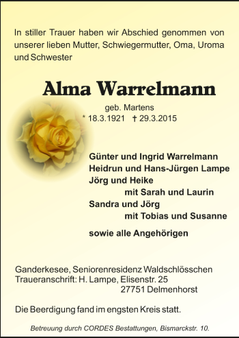 Todesanzeige von Alma Warrelmann von Trauer.de