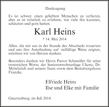 Todesanzeige von Karl Heins von Trauer.de