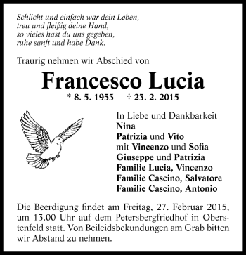 Todesanzeige von Francesco Lucia von Trauer.de