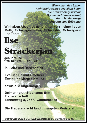 Todesanzeige von Ilse Strackerjan von Trauer.de