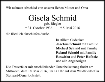 Todesanzeige von Gisela Schmid von Trauer.de