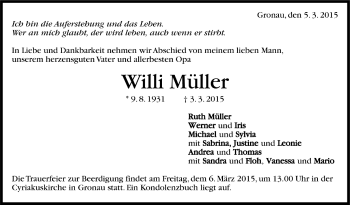 Todesanzeige von Willi Müller von Trauer.de