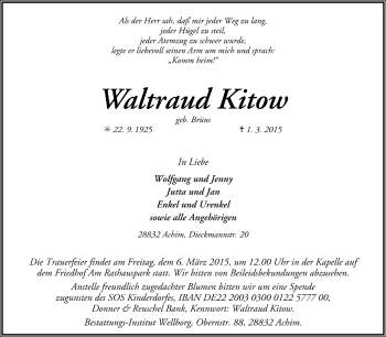 Todesanzeige von Waltraud Kitow von Trauer.de