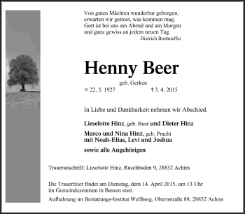 Todesanzeige von Henny Beer von Trauer.de