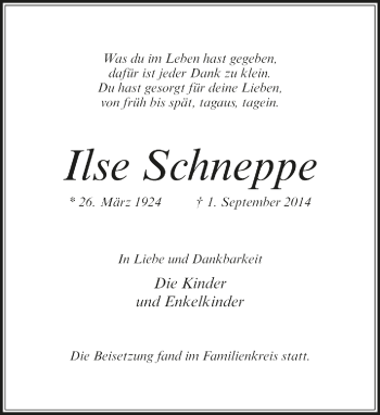 Todesanzeige von Ilse Schneppe von Trauer.de