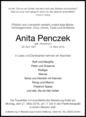 Todesanzeige von Anita Penczek von Trauer.de