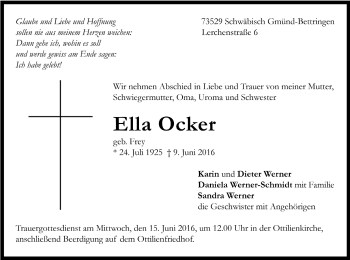 Todesanzeige von Ella Ocker von Trauer.de