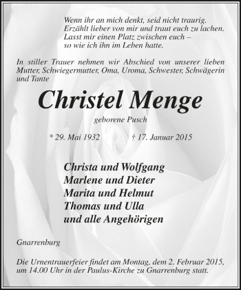 Todesanzeige von Christel Menge von Trauer.de