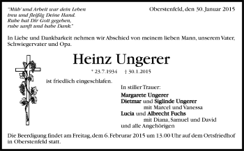 Todesanzeige von Heinz Ungerer von Trauer.de