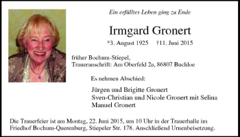 Todesanzeige von Irmgard Gronert von WAZ