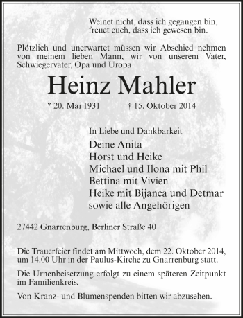 Todesanzeige von Heinz Mahler von Trauer.de