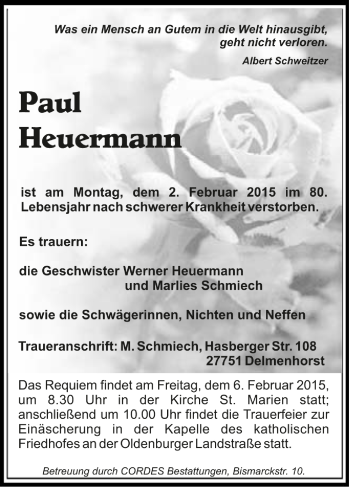 Todesanzeige von Paul Heuermann von Trauer.de