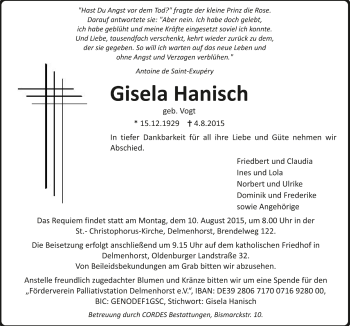 Todesanzeige von Gisela Hanisch von Trauer.de