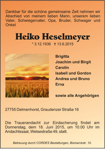 Todesanzeige von Heiko Heselmeyer von Trauer.de