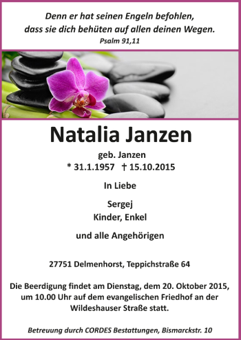 Todesanzeige von Natalia Janzen von Trauer.de