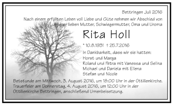 Todesanzeige von Rita Holl von Trauer.de 